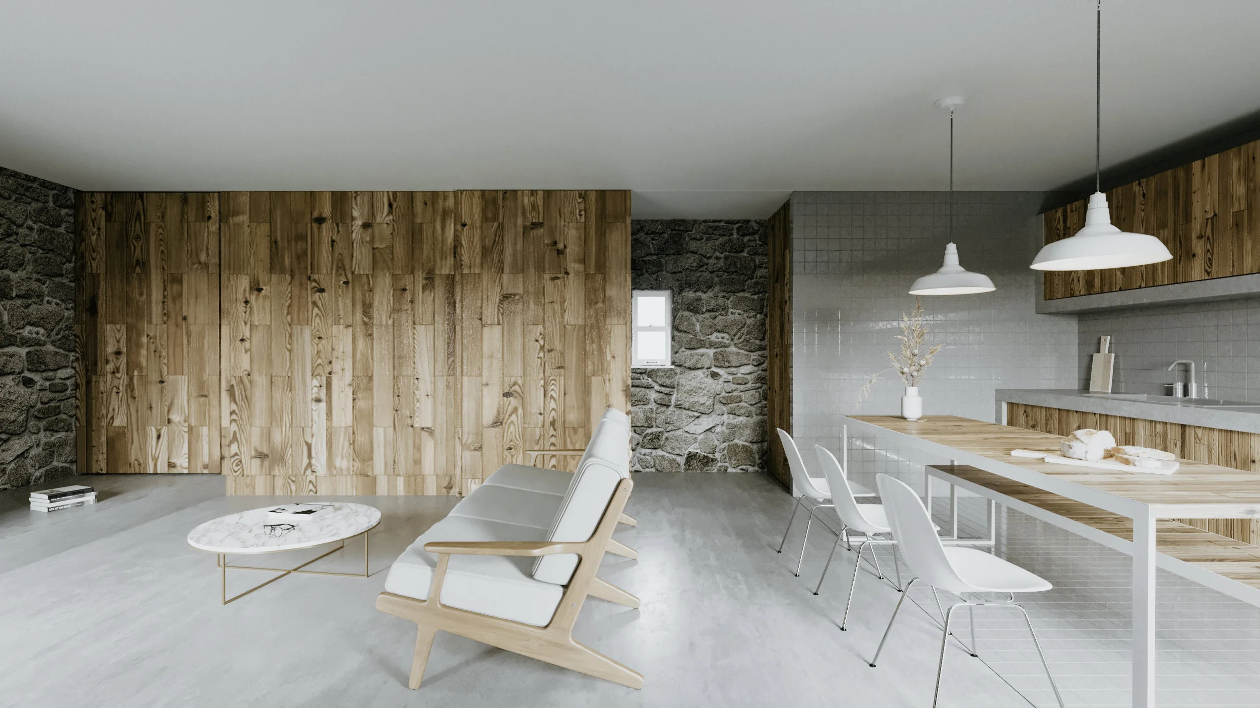 Interior de habitação com pedra e madeira
